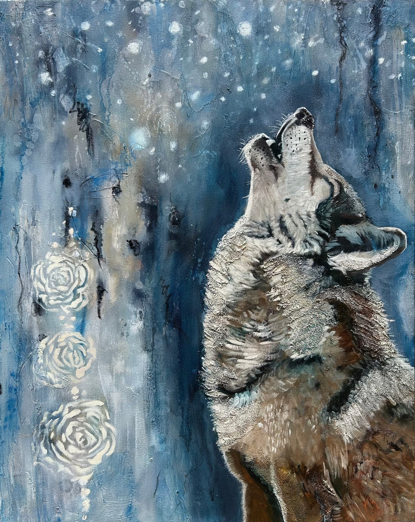 Wolf howling with abstract floral elements on a blue and neutral colors background resembling a starry or snowy sky. The painting is heavily textured and is painted in abstract realism style
