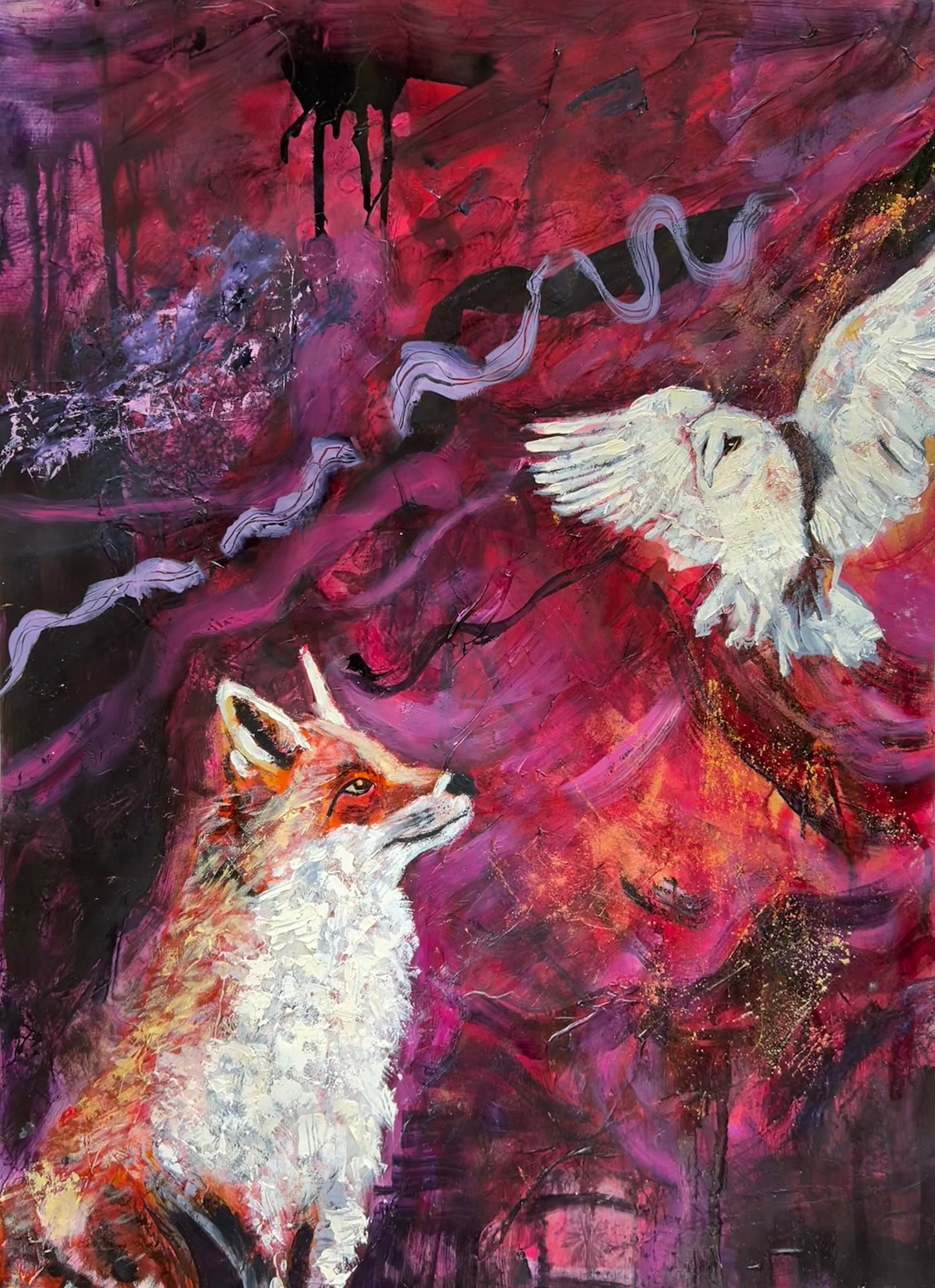 Abstract artwork with a fox and an owl on a vibrant red and purple background with gold and copper accents