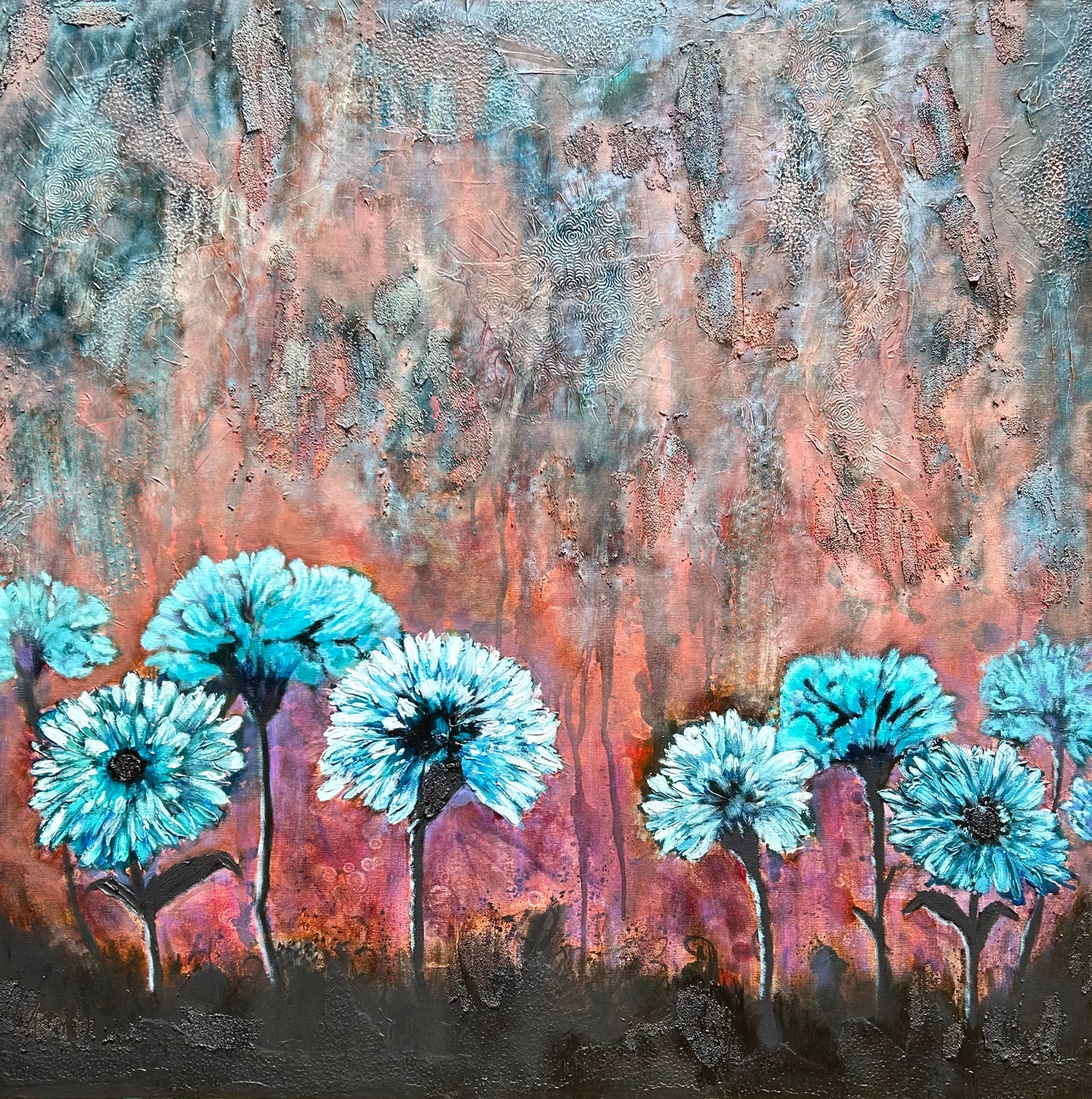 Artistic blue and teal flowers against a heavily textured brown and pink rusty grunge inspired background