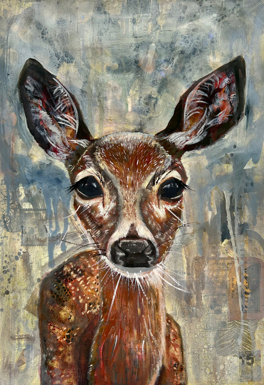 Painting of a baby deer with a textured drippy atmospheric background