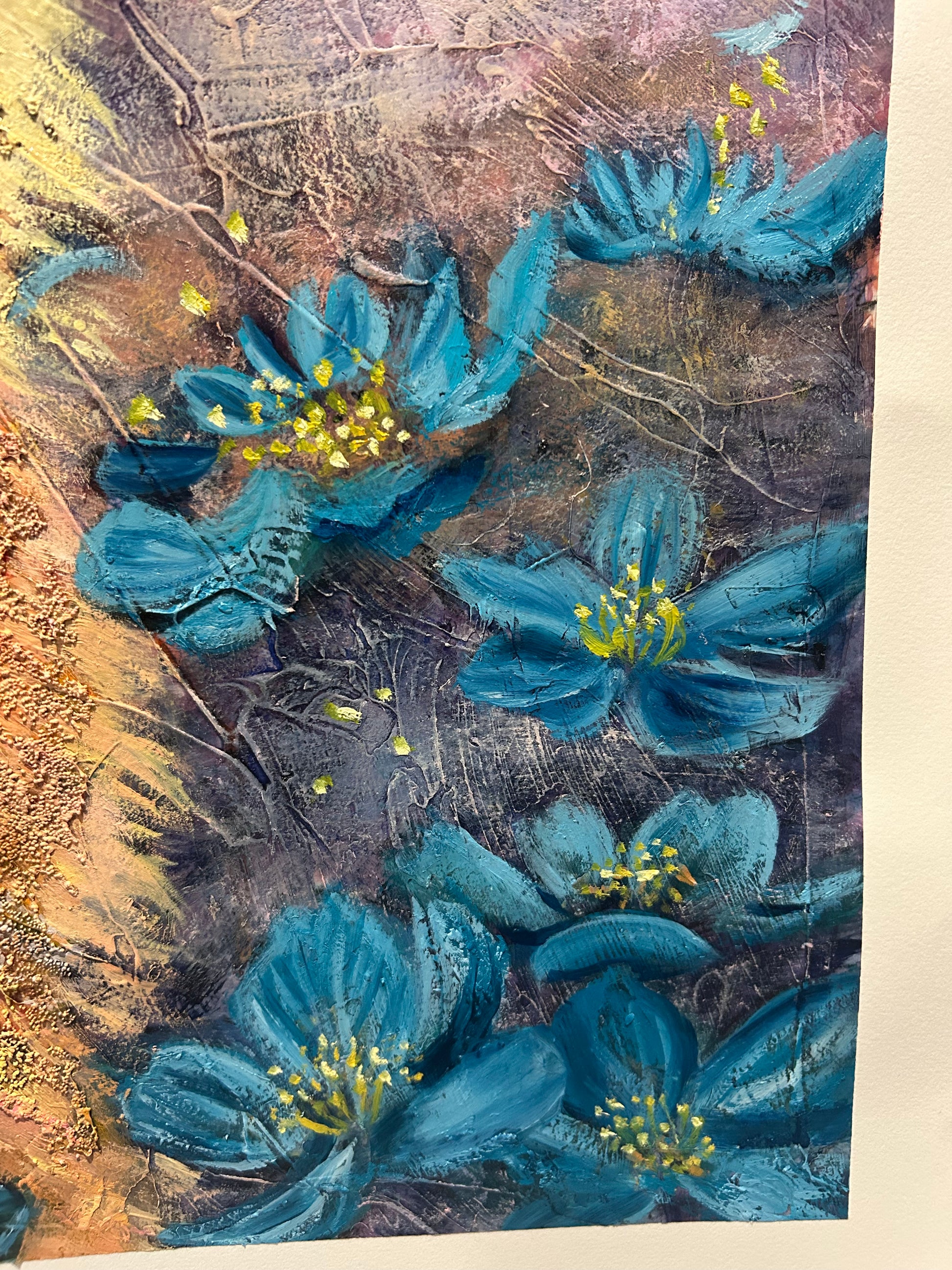Artistic depiction of blue flowers with a textured background, a close up detail of a fox painting