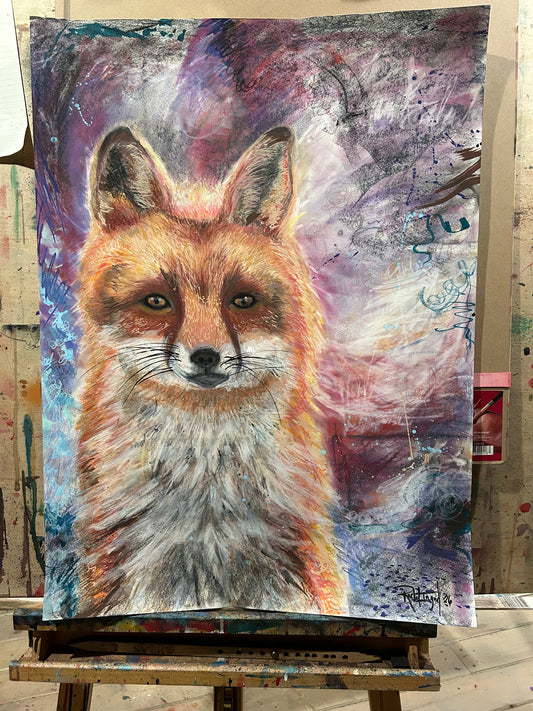 Artistic depiction of a fox on a textured surface with artistic brush strokes.