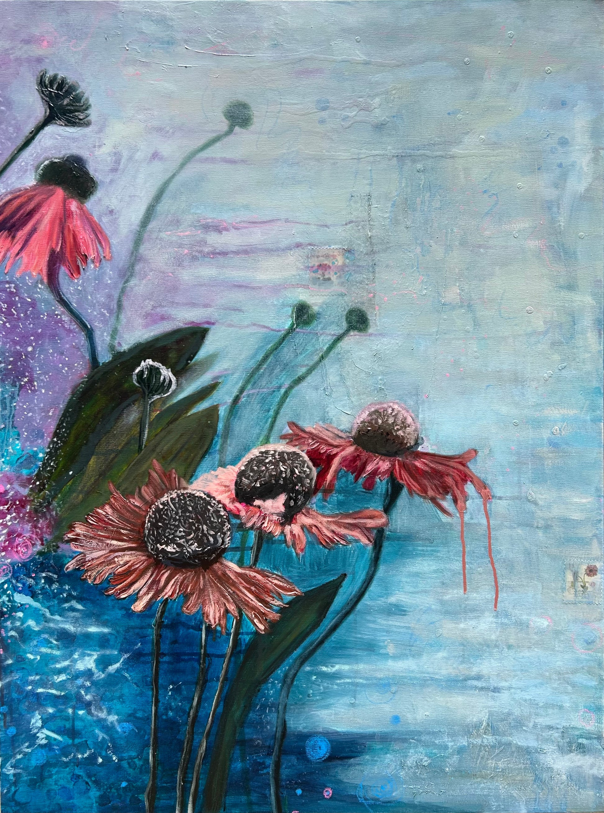 Artistic depiction of red cone flowers with a textured blue water like background. Abstract realism floral artwork showcasing red, pink, blue, purple, green