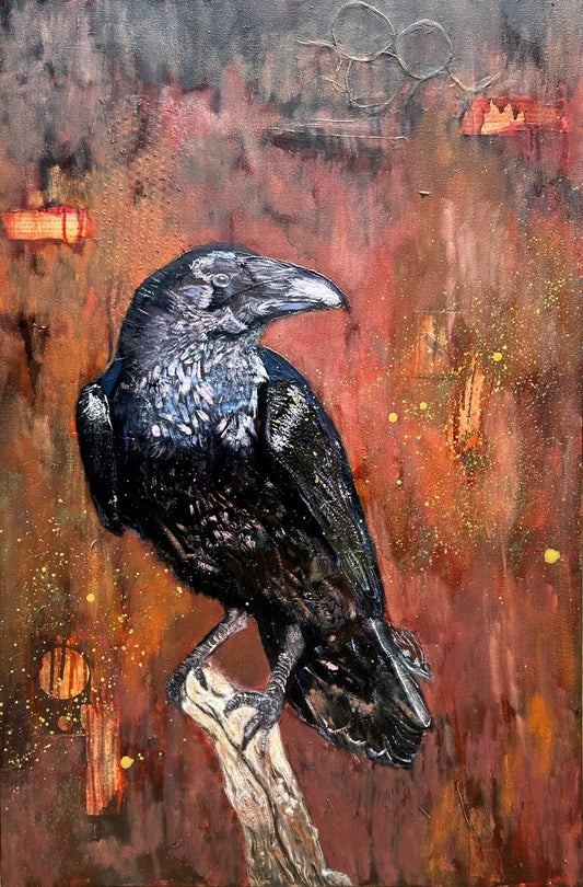 Artistic depiction of a raven or crow perched on a tree on a textured rust colored orange red background featuring collage