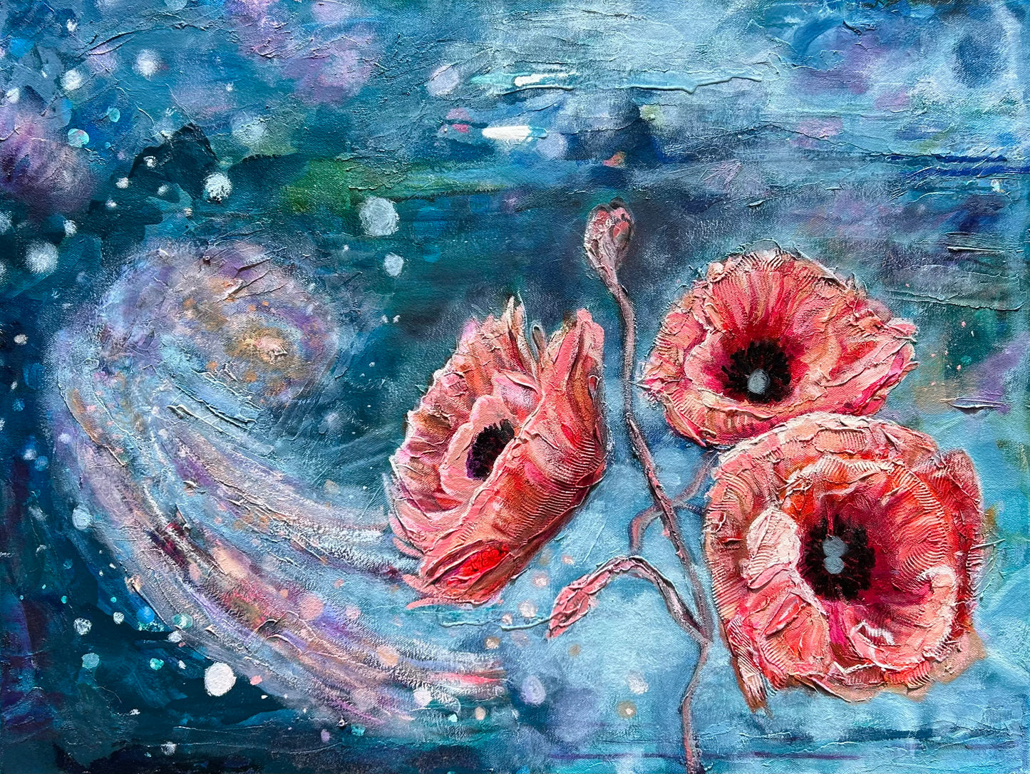 Abstract painting of pink poppy flowers and stems on a blue textured background resembling a galaxy painted in an abstract realism style