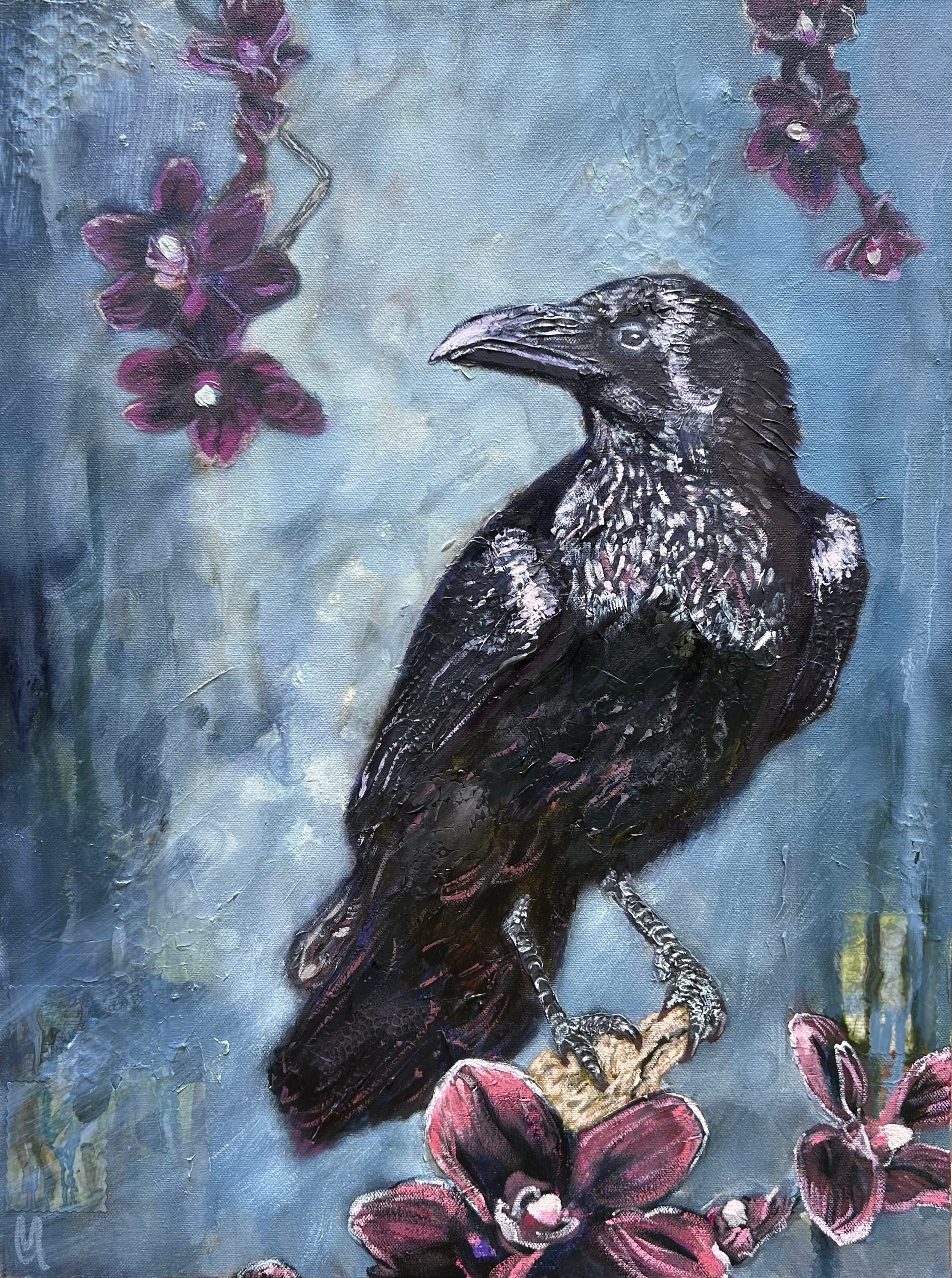 Artistic depiction of a crow or raven with purple flowers on a textured blue gray neutral background. The crow is perched on a tree branch and is detailed. The background is atmospheric and misty