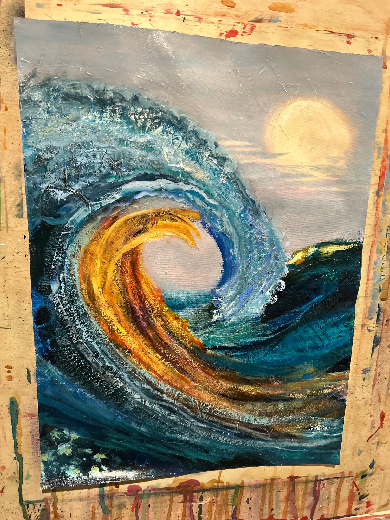 Abstract painting of swirling ocean waves, ocean colors on a textured surface in a complementary color palette coastal art