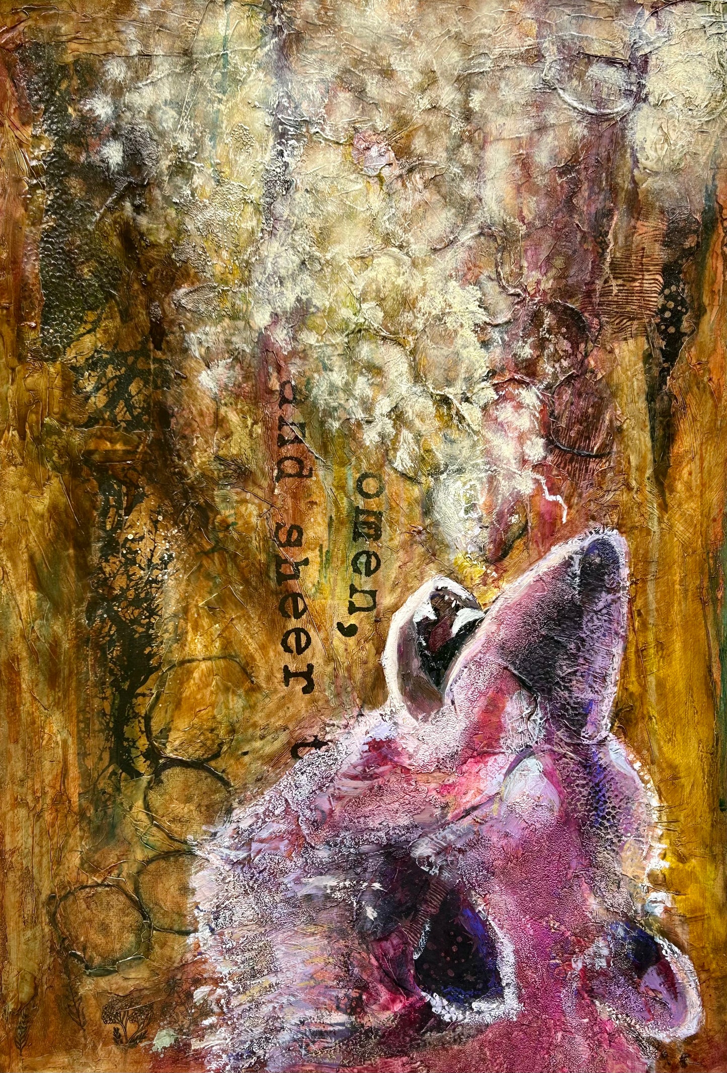 Textured painting of a howling wolf with pink and purple tones on a bronze colored background