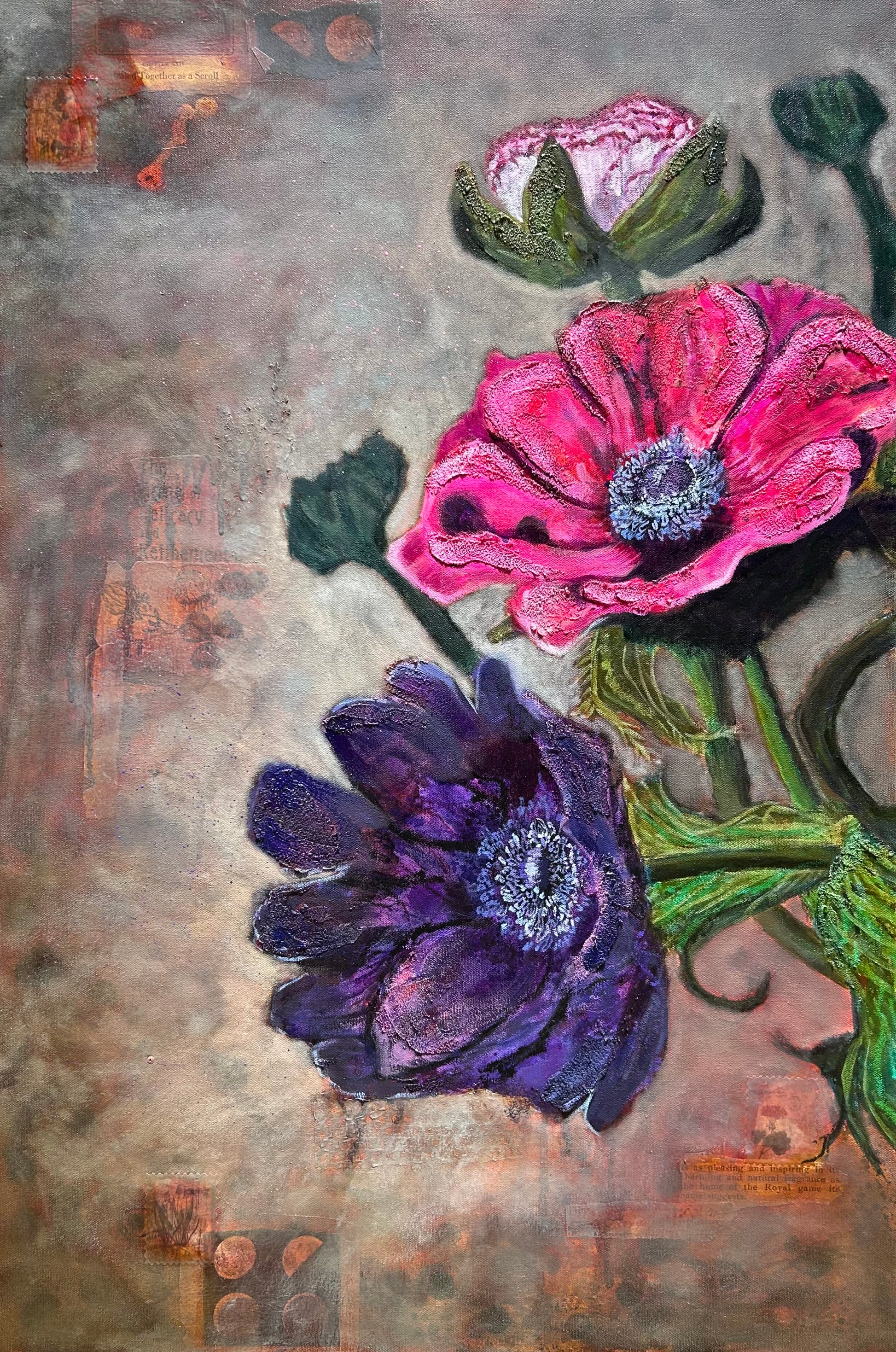 Artistic depiction of pink and purple anemone flowers on a textured rust colored collaged background with blossom seedlings leaves and opening bloom