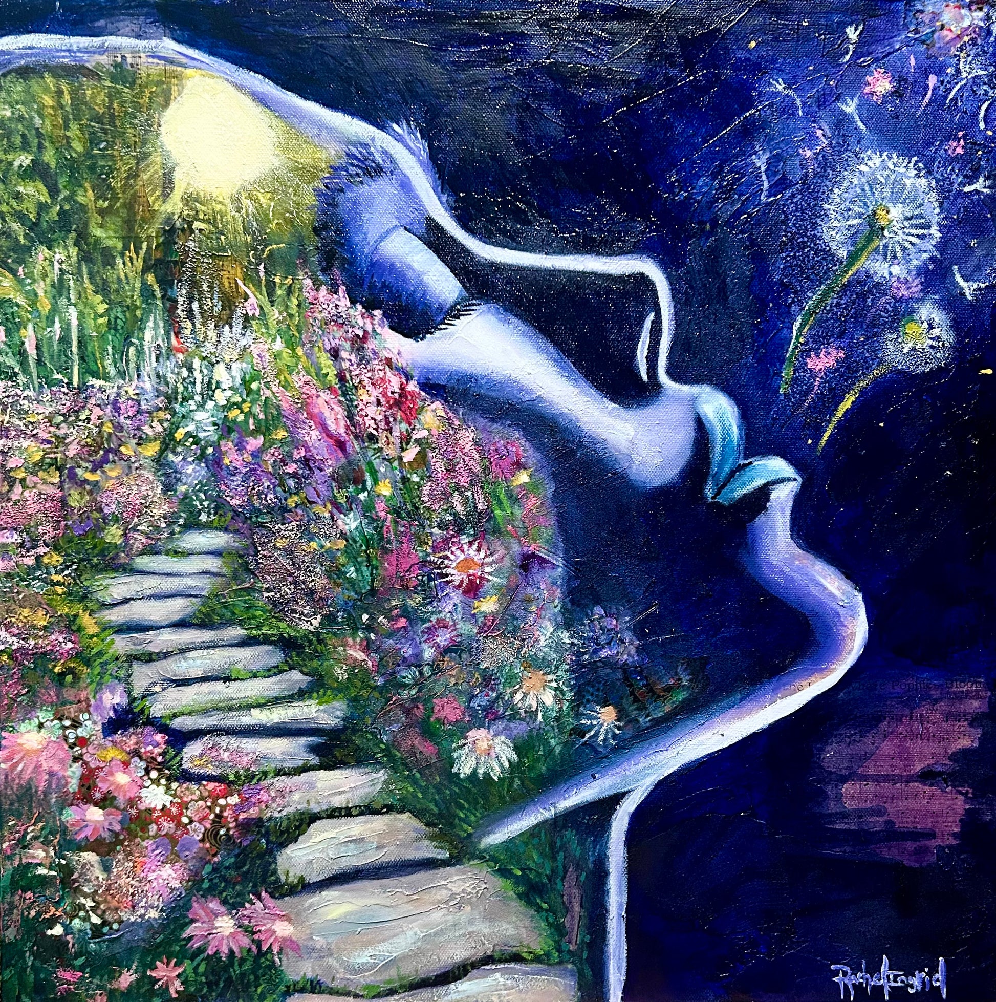 Rachel Ingrid's depiction of a woman's silhouette a garden grows within her and she exhales out wish fulfillment in the form of flowers