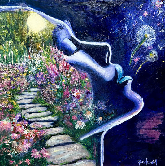 Rachel Ingrid's depiction of a woman's silhouette a garden grows within her and she exhales out wish fulfillment in the form of flowers